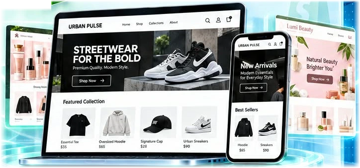 Shopify ফ্যাশন ও বিউটি স্টোরের নমুনা — ল্যাপটপ, মোবাইল ও সহায়ক স্ক্রিনে
